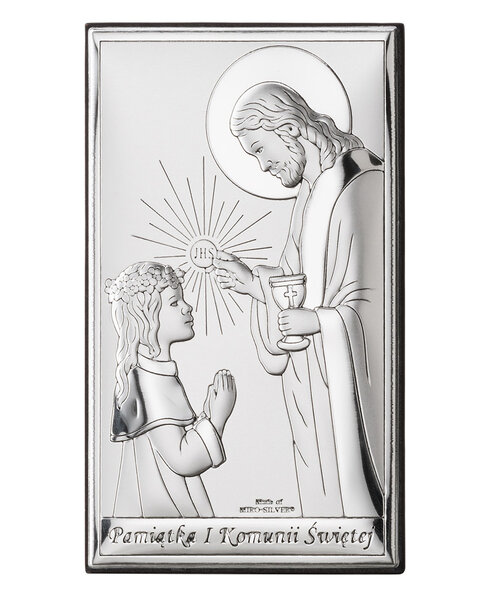 Obrazek na pamiątkę I Komunii Św. z Jezusem udzielającym Komunii dziewczynce